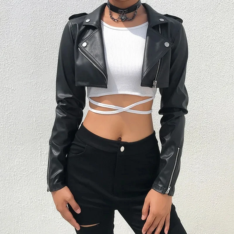 Street Motorcycle Pu Leather Crop Jacket Women Zipper Black Faux Leather Coats Autumn Streetwear Long Sleeve Fall Female Outwear