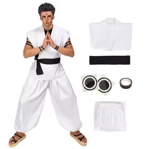 DAZCOS Ryomen Sukuna Costume Men's JJK Cosplay Costume US Size Anime Cosplay Costume White Kung Fu Suit Belt with Stickers