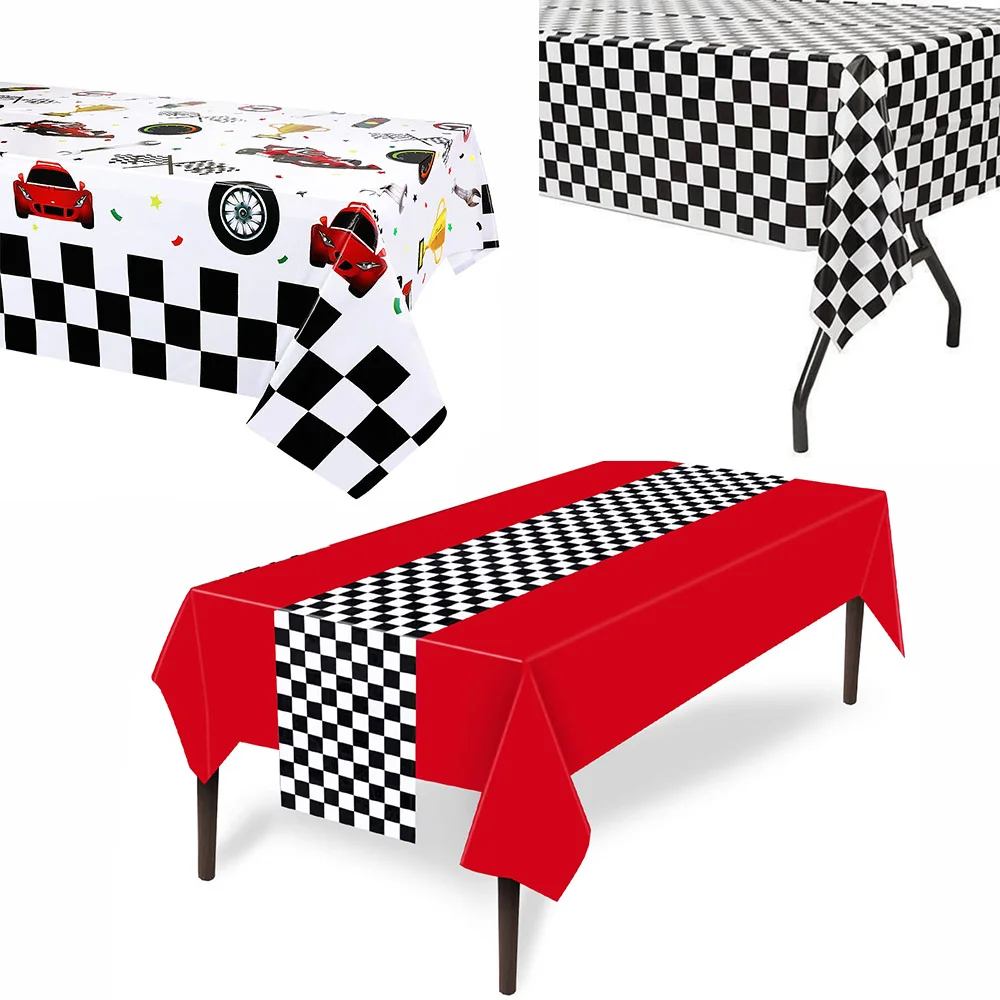 

Racing Car Tablecloths Race Car Birthday Party Decorations Black Checkered Plastic Table Cover Table Runner for Kid Boy Birthday