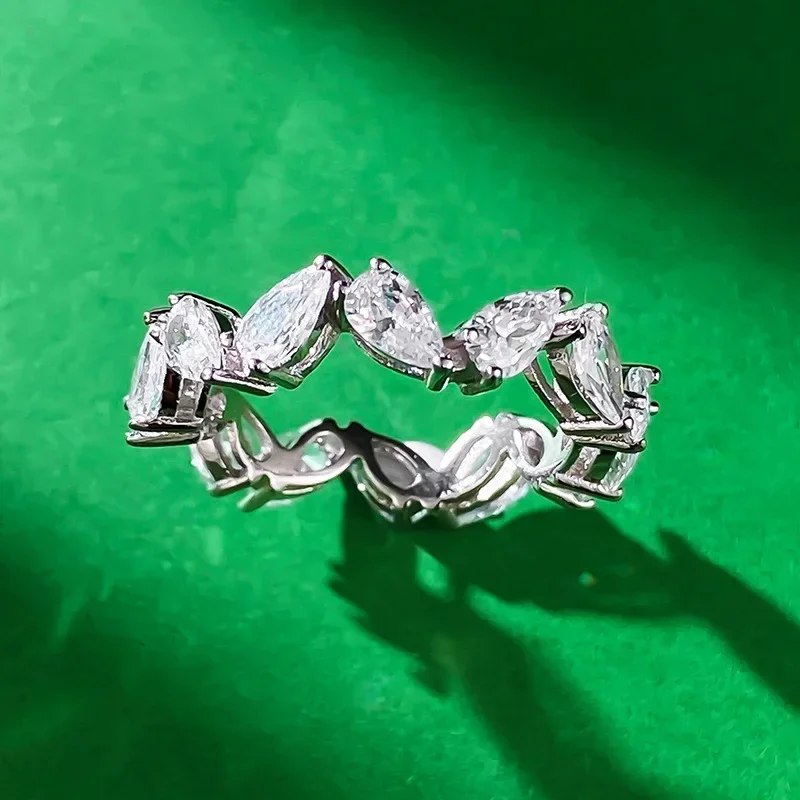 2023 New 925 Silver Pear Shaped Water Drop 3 * 5 Row Ring Instagram Cold Wind Stacked Diamond Ring