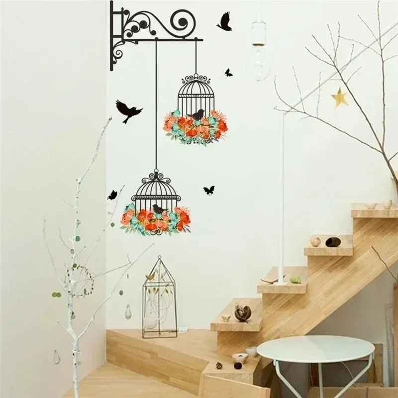 Wall Stickers Colorful Flower Birdcage Decals Flying Birds Plants Adhesive Living Room Wallpaper Bedroom Nursery Window Decor