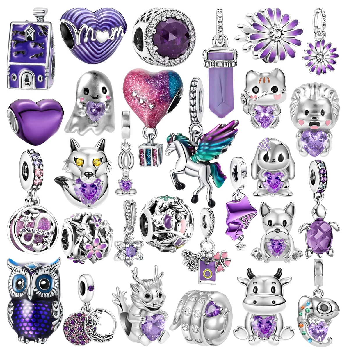 Purple Series 925 Sterling Silver Owl,Unicorn,Cat, ciondola la vendita calda Charm Bead Fit braccialetto Pandora originale regalo di gioielleria raffinata fai da te