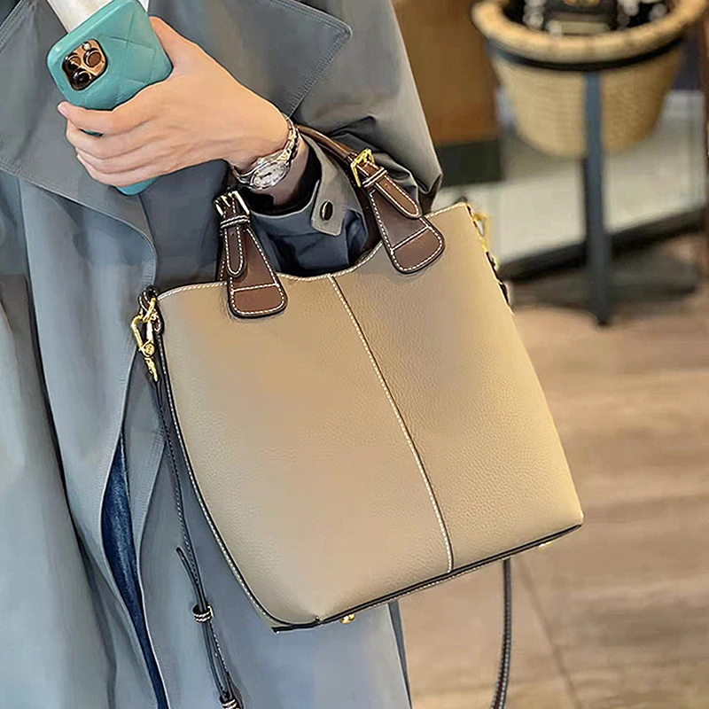 Burminsa Genuine Leather Bucket Tote Bags For Women 2024 Trend Designer Ladies Shoulder Crossbody Bags Cowhide Ladies Handbags