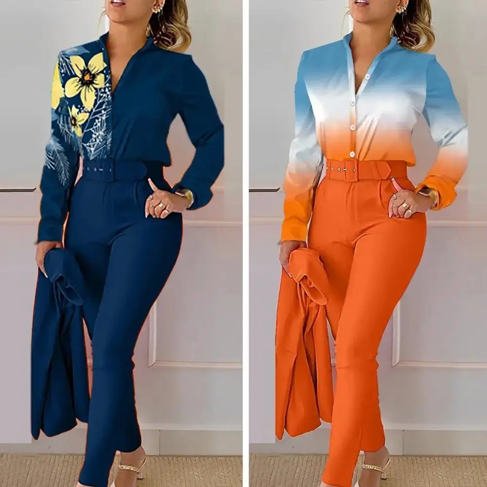 2 Pcs/Set Shirt Pants Suit Stand Collar Long Sleeve Cardigan Slim Fit Formal OL Commute Style Lady Top Trousers Set With Belt