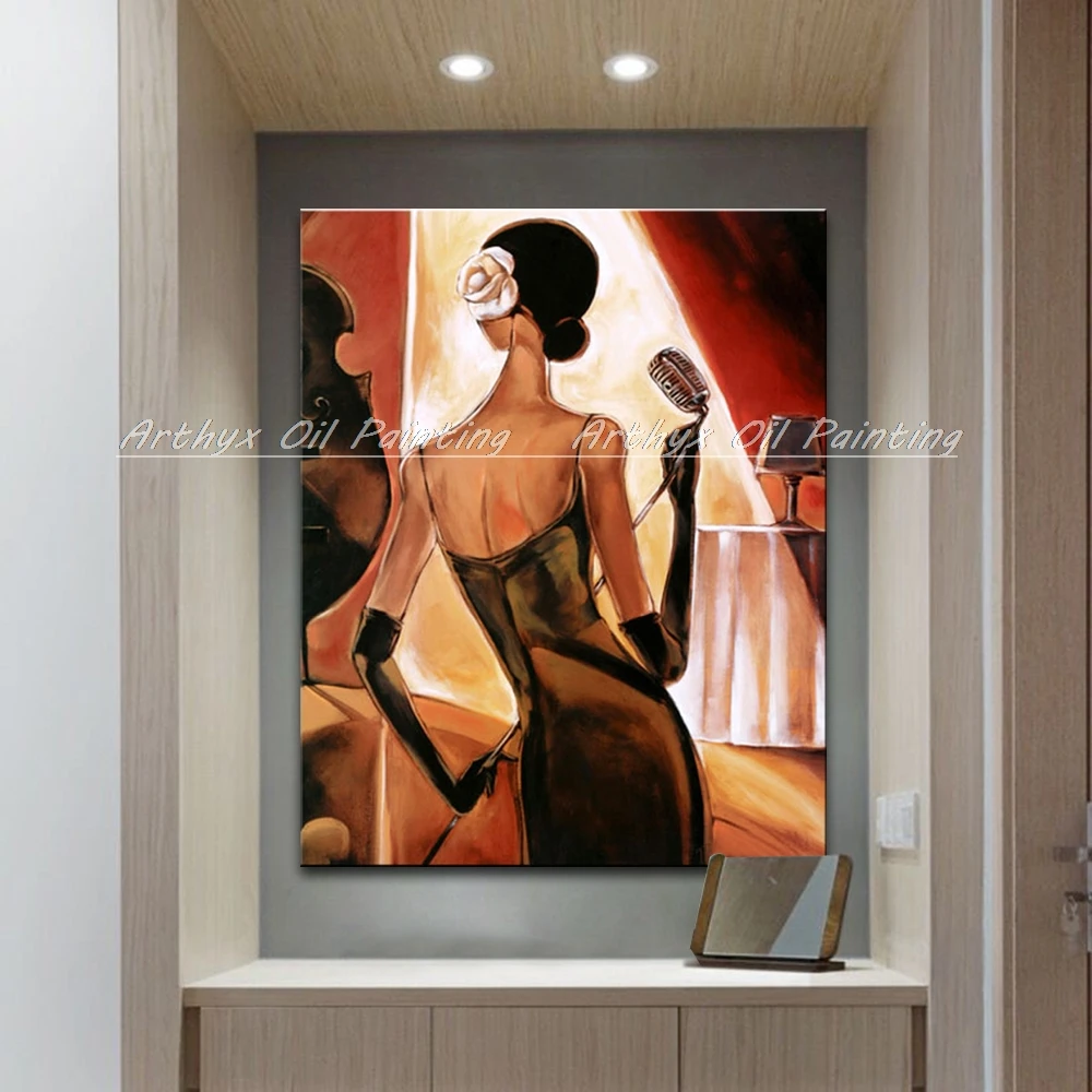 Arthyx Hand Painted Elegant Singing Girl Oil Painting On Canvas,Modern Abstract Picture Wall Art For Living Room,Home Decoration