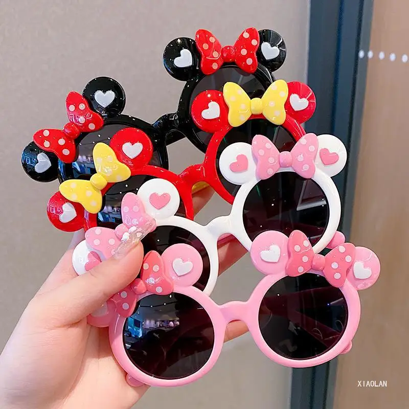 Serie Disney di occhiali da sole Mickey con fiocco per bambini, occhiali da sole da cartone animato per ragazze, simpatici ombretti Minnie, Spot hot