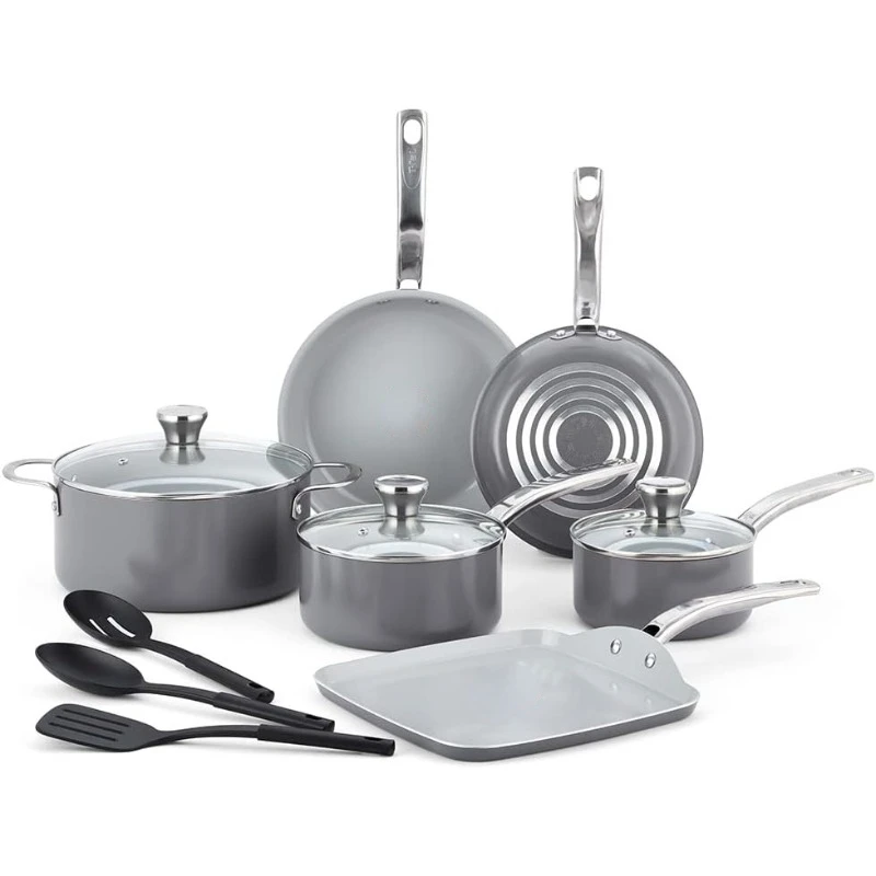 

T-fal Fresh Gourmet Recycled Ceramic Nonstick Cookware Set 12 Piece Oven Broiler Safe 500F Lid Safe 350F Pots and Pans