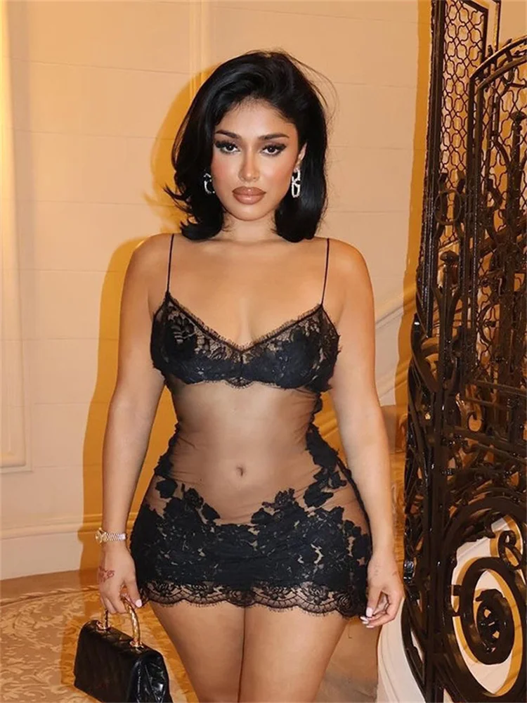 kliou Mesh Patchwork Mini Kleid Sexy Coquette Sheer Floral Gestickte Ärmel Schlank Bodycon Weibliche Mitternacht Strand Party Kleid