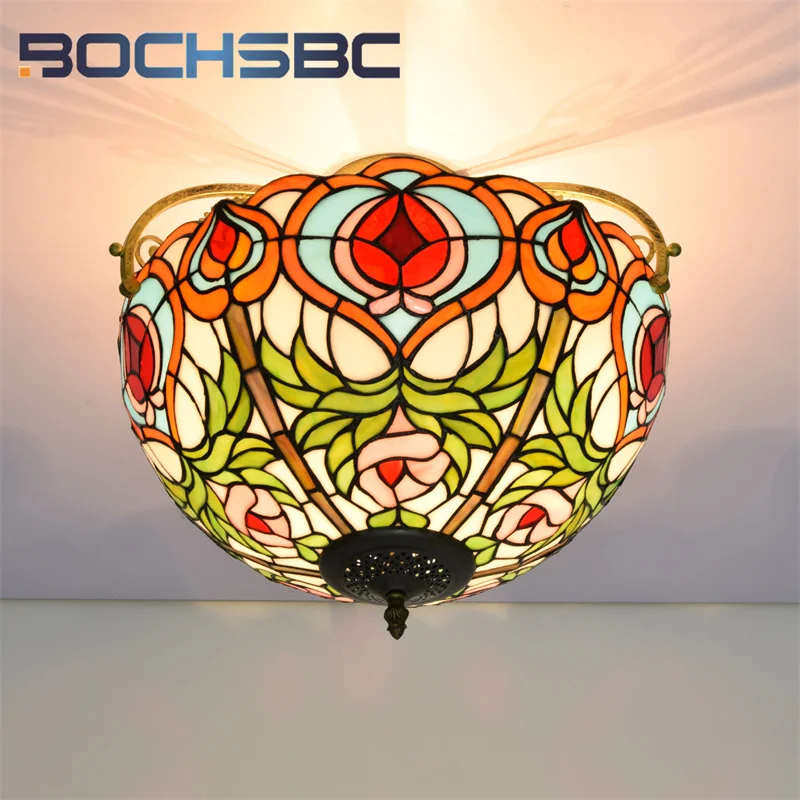 BOCHSBC Tiffany Peachy Garden stained-glass 16-inch chandelier deco the dining room bedroom hallway ceiling light