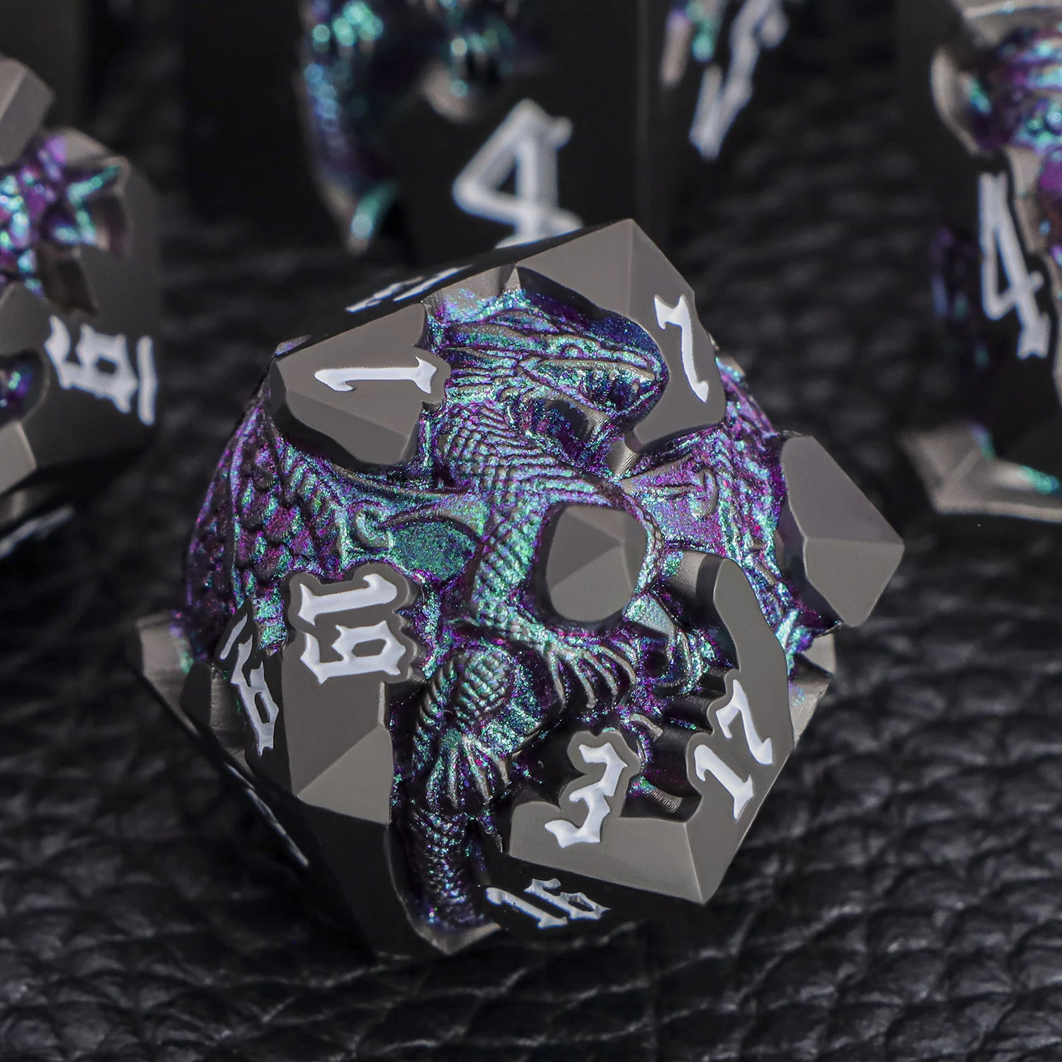 Purple Green D20 Dragon Dnd Metal Dice for D and D Dungeon and Dragon Pathfinder Polyhedral Role Playing Game D6 D&D Dice Set