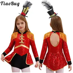 Kids Girls Circus Ringmaster Costume Set Sequins Tassel Ring Master Jumpsuit +Top Hat Circus Lion Tamer Halloween Cosplay Suit