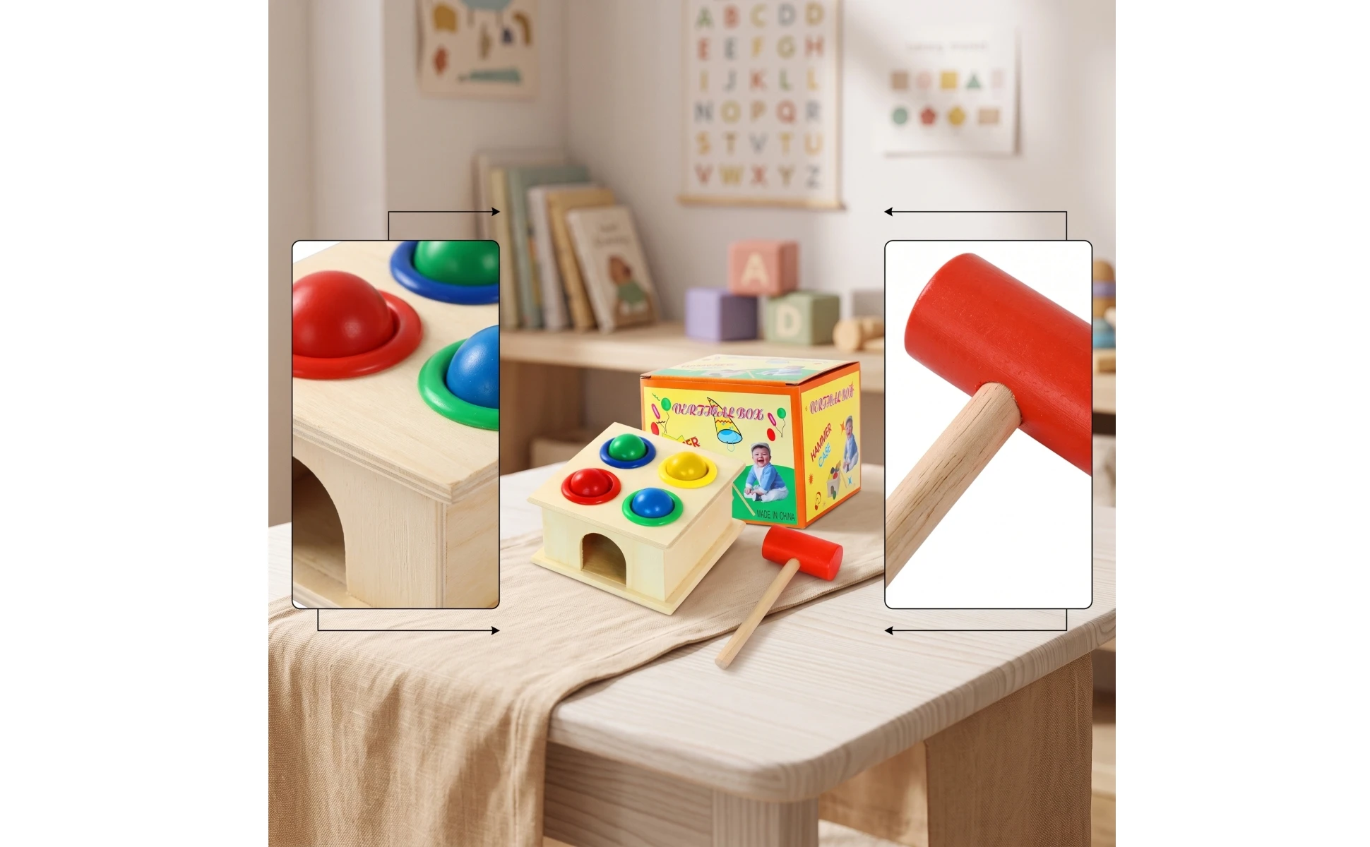 Wooden Pounding Toy Compact Hammering Toy Wooden Mallet Lightweight Mini for Toddlers, Playroom, Classroom