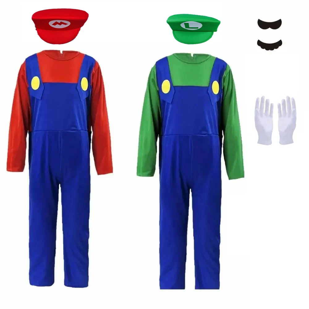 Image of Männer Frauen Spiel Klempner Bros Cosplay Erwachsene Brüder Overall Hut Schnurrbart Karneval Outfits Halloween Kostüme