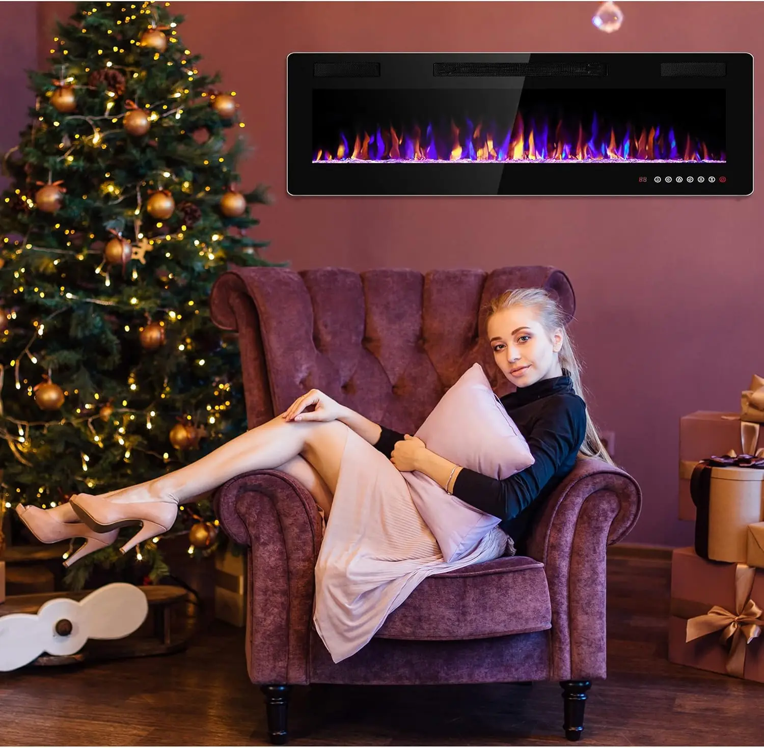 

Fireplace Recessed and Wall Mounted, Fireplace Heater and Linear Fireplace, with Timer, Remote Control, Adjustable Flame Color