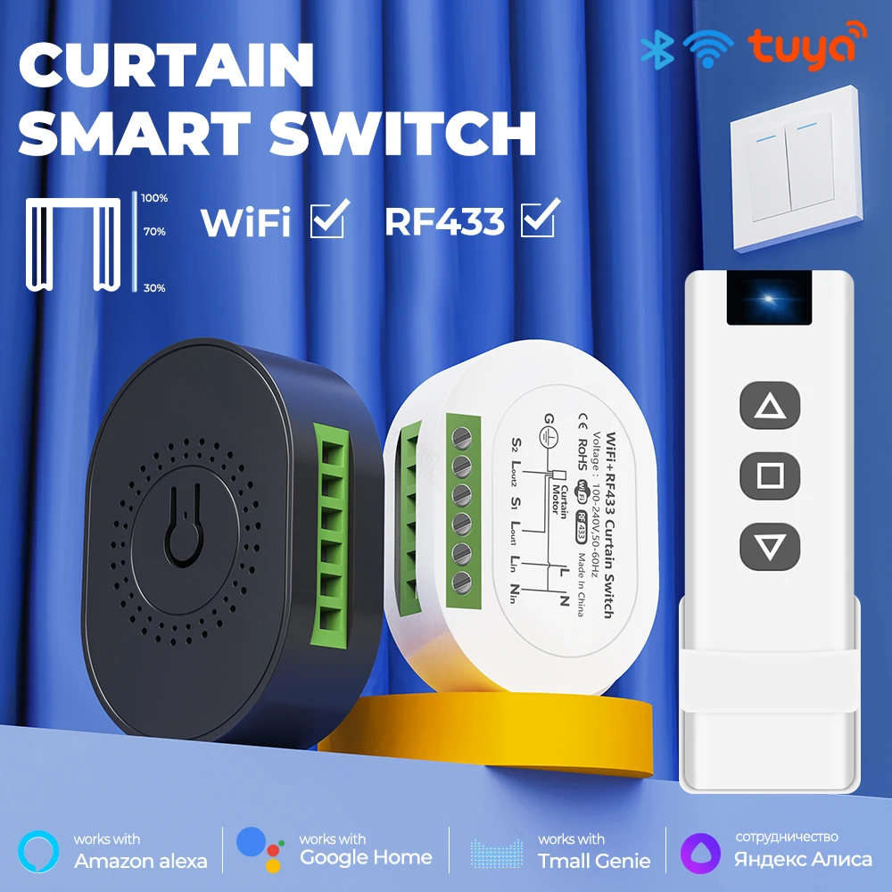 Tuya Mini Smart Life WiFi RF433 Blind Curtain Switch Module Electric Roller Shutter Window  Remote Control Google Home Alexa