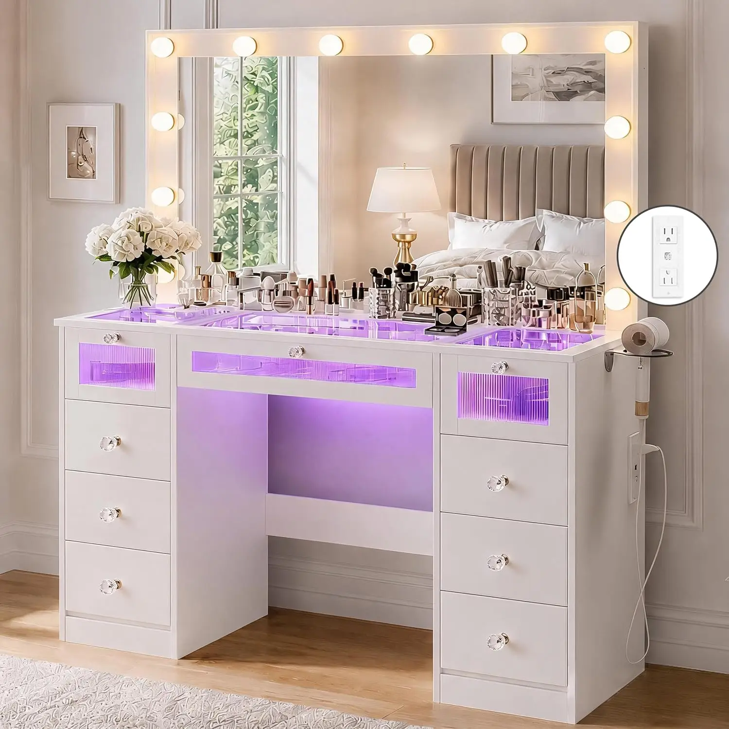 Makeup Vanity Desk with Lights, 9-Drawer Storage (6 Side + 3 RGB-Lit Acrylic), Tempered Glass Top, Hollywood Bulbs Mirror, Built-in Charging Station