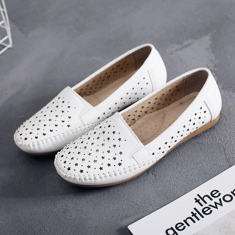 

Breathable Flat Heel Sandals Cowhide Mesh Slip-On Nurse Shoes White Flat Bottom Hollow out Design Summer Casual Fashion Footwear