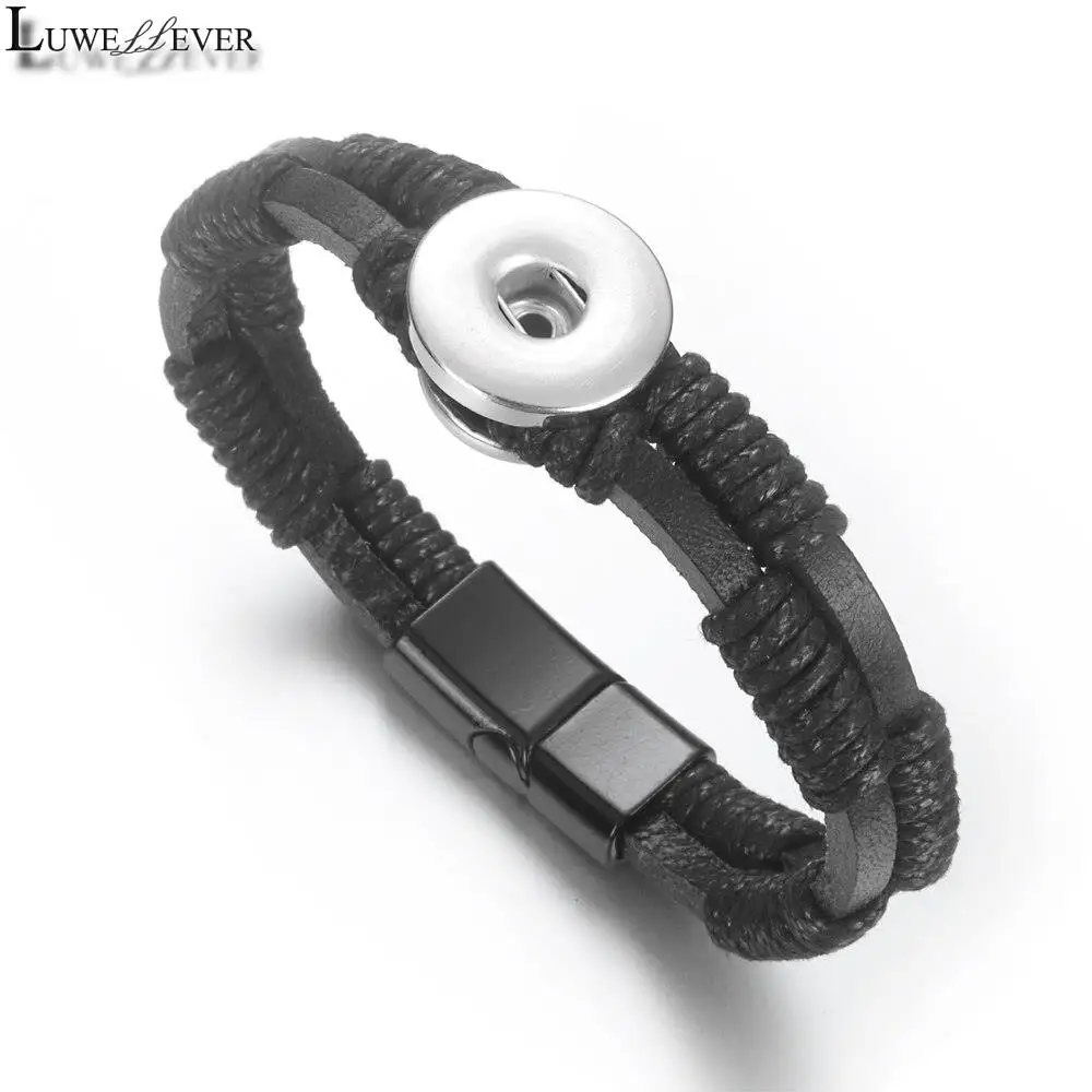 Black Weave 062 Real Genuine Leather Fit 18mm Snap Button Bangle Bracelet Charm Jewelry For Women Men Gift 21cm