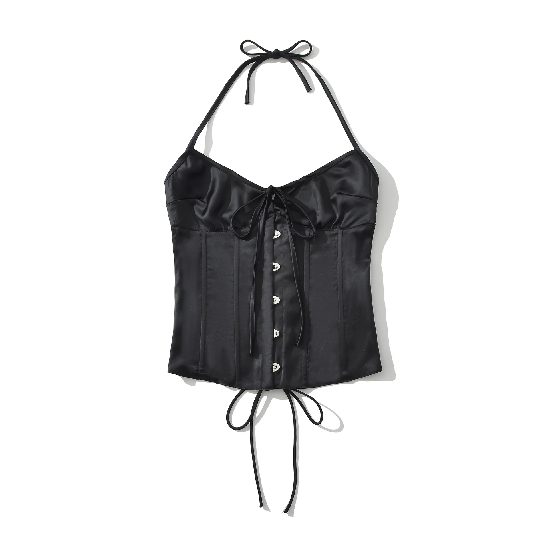 Women Y2k Lace Up Backless Halter V Neck Corset Tops Tied Front Button-up Sleeveless Cami Shirt Shapewear Fitted Vest