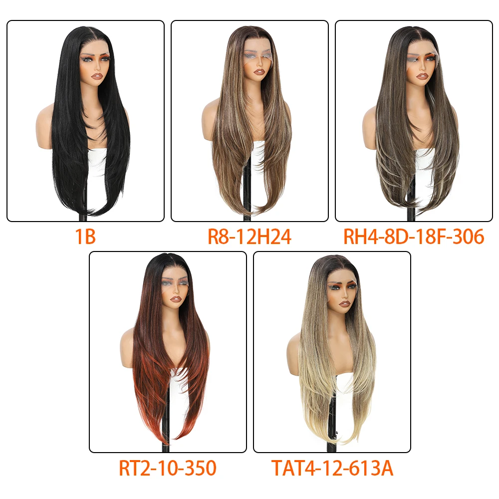 Perucas longas em camadas 13x4 perucas frontais de renda perucas de cabelo sintético com cabelo de bebê para mulheres 30 polegadas preto loiro 180 densidade