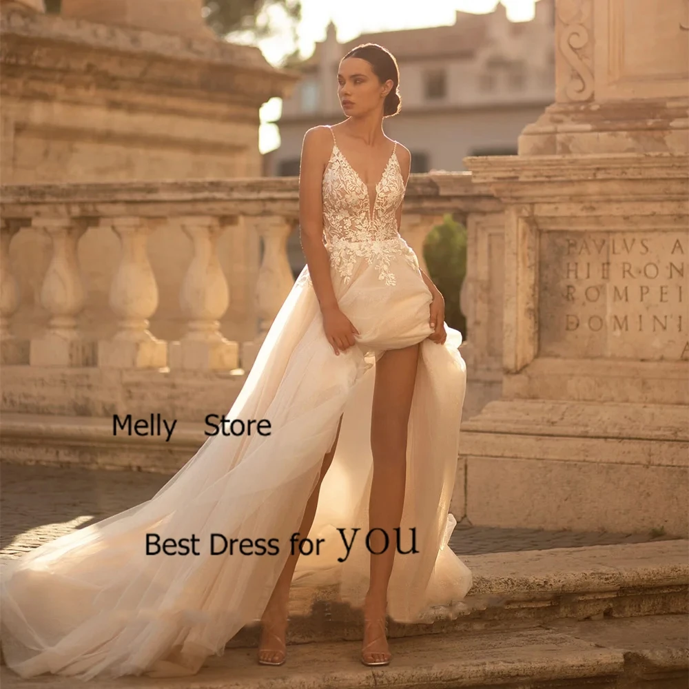 

Spaghetti Strap Wedding Dresses Soft Tulle Bridal Gowns Court Train Sleeveless New Vestido De Novia Exquisite New Robe De Summer