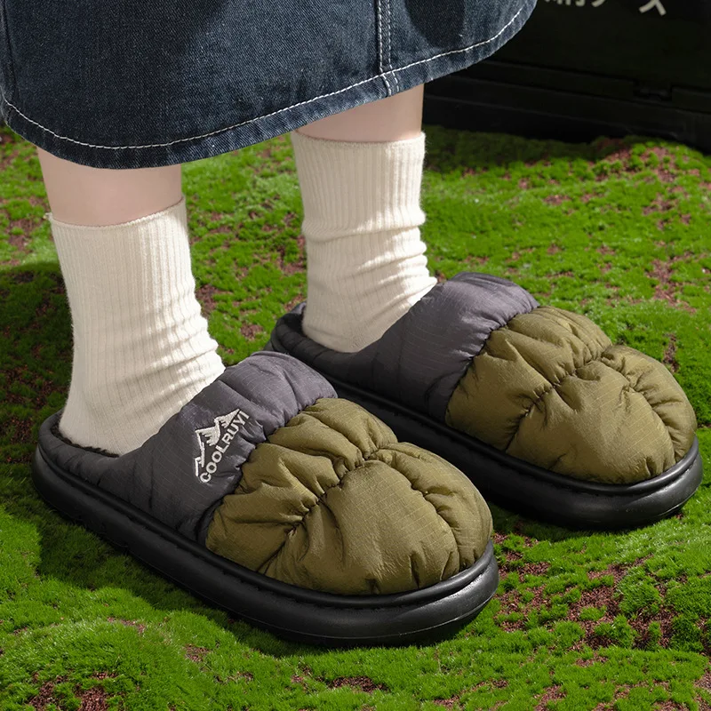 

Winter Waterproof Down Cotton Slippers for Men, Indoor Non-Slip Thick Sole Cotton Slippers with Fleece, Warm Cotton Slippers