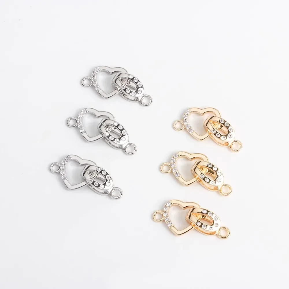18K Copper-plated Gold Peach Heart Inlaid Zircon Buckle Head Necklace Bracelet Tail Buckle Handmade DIY Accessories Material