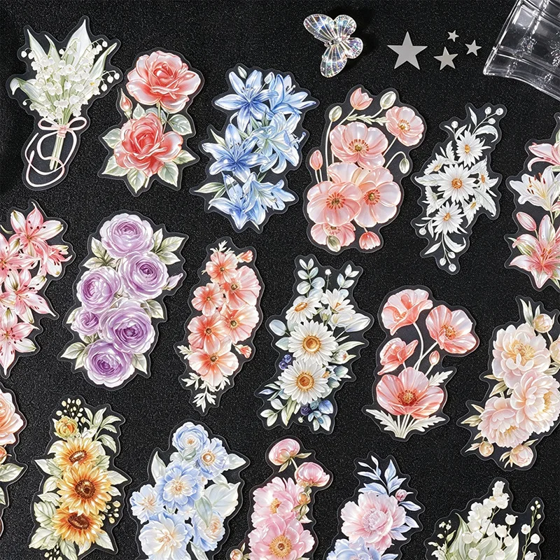 10pcs Vintage Glass Transparent Flower Stickers Color Cute Phone Case and Journal Diy Handbook Material School Office Supplie