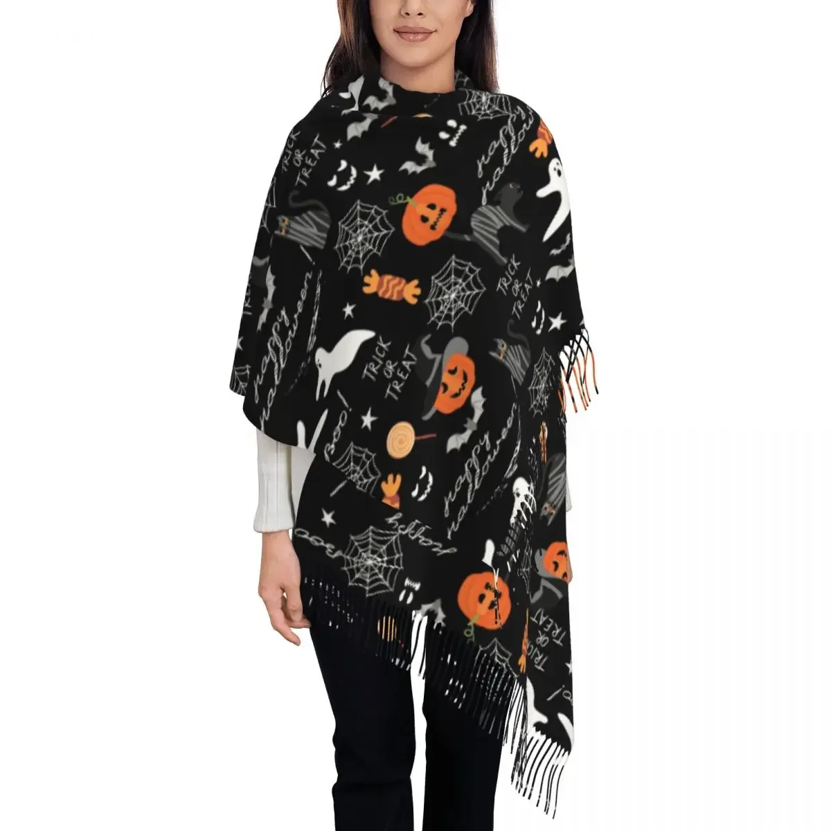 Custom Halloween Pumpkin Ghost Cats Scarf Wrap for Women Long Winter Warm Tassel Shawl Unisex Scarves