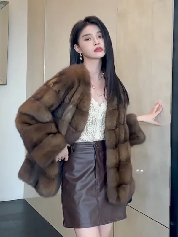 2025年新作 レディース Vネック 暖かい人工ミンクファーコート インテイテッドレザーファー スキンジャケット 韓国風 ロングスリーブ