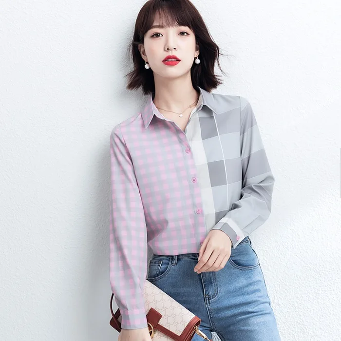 Women's Plaid irt Long Sve Spring Autumn Faion Loose Chiffon Top Design Sense Korean Sle Straight Cut Button up