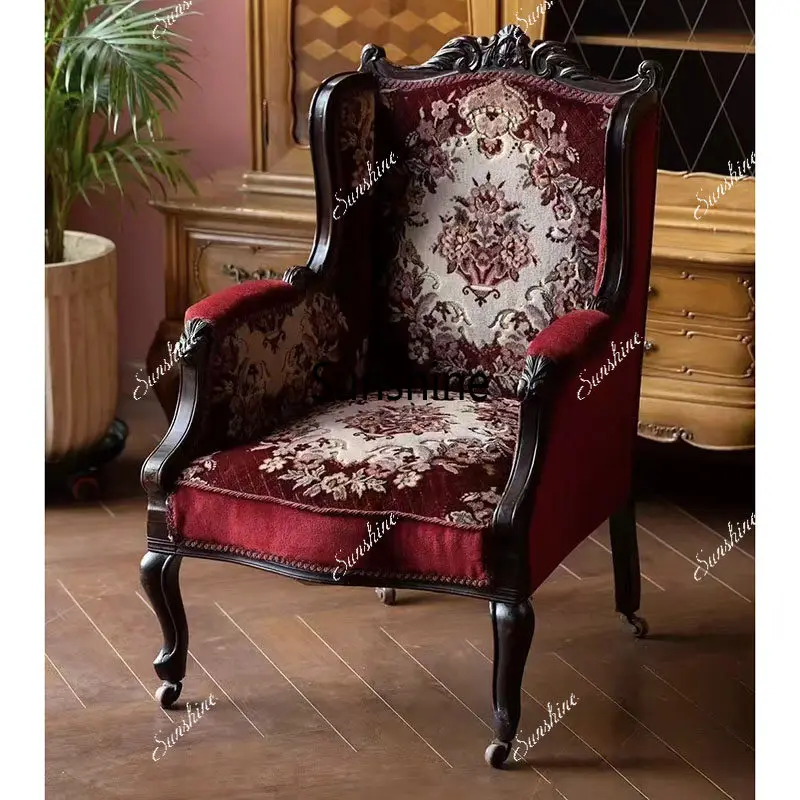French retro solid wood carving flower sofa chair living room fabric jacquard, casual