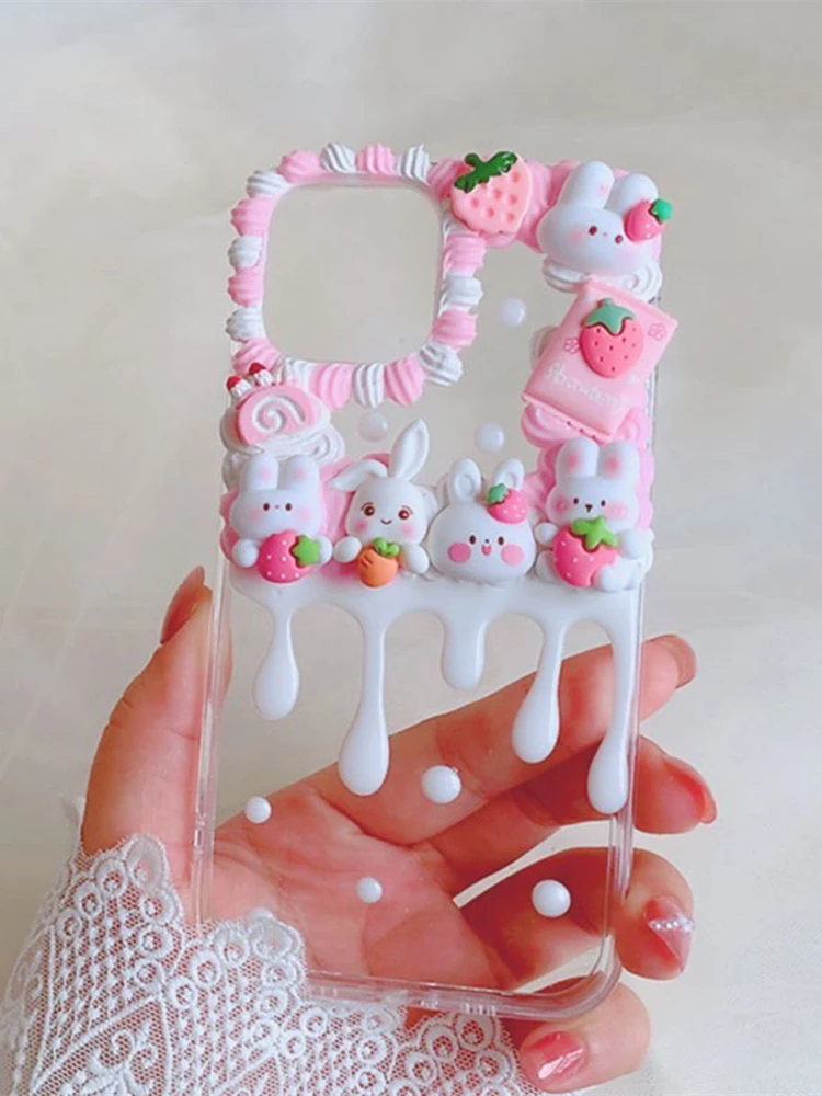 

Розовый чехол Kawaii Rabbit с 3D мультяшным рисунком для iPhone 16 pro Max 15 plus, кремовый чехол ручной работы «сделай сам», iP 12/13/14, индивидуальный подарок для девочек