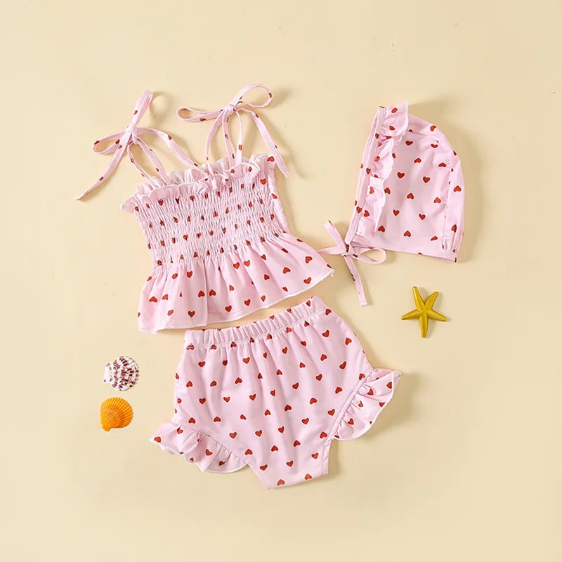 2024 Summer Baby Swimming Suit With Hat 3Pcs Girl's Heart Print Bikini Swimwear Toddler Newborn Bathing Suit Beach Clothing