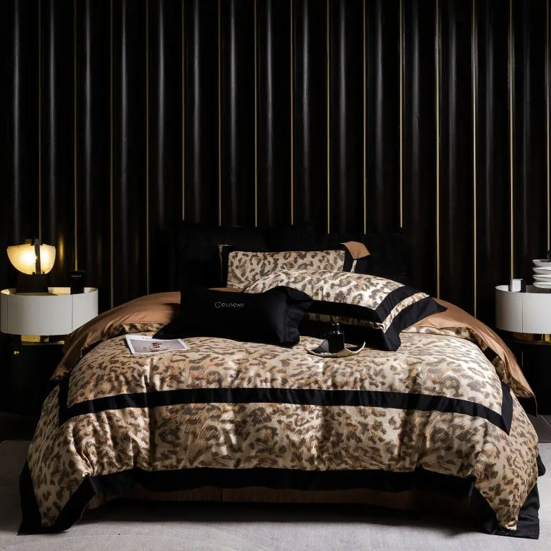 Luxury Leopard Jacquard Bedding Set 1000TC Lyocell Cotton Soft Silky Duvet Cover Set Bed Sheet Fitted Sheet Pillowcases 4Pcs