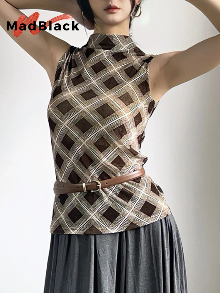

MadBlack-Women's European Flocking Vest, Sexy Mock Neck Plaid, Streetwear Slim M-2XL Pullover Camisole, 2025 Winter New T5N610CC