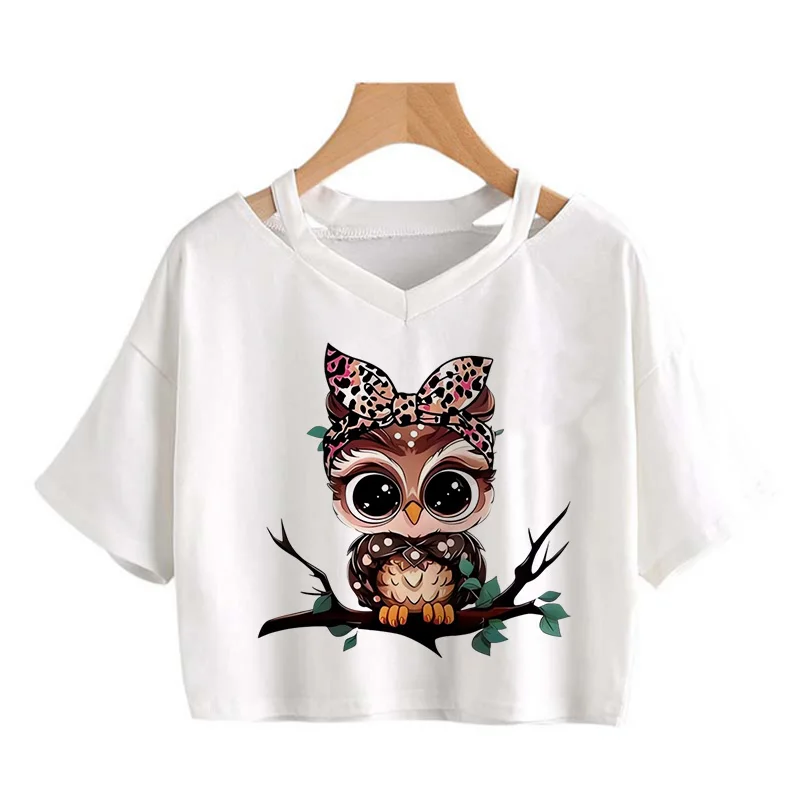 Lustiges Crop-T-Shirt für Damen, grafisches T-Shirt mit Cartoon-Eulen-Aufdruck, süßes Vintage-T-Shirt im 90er-Jahre-Korean-Stil, Crop-Tops, Kleidung