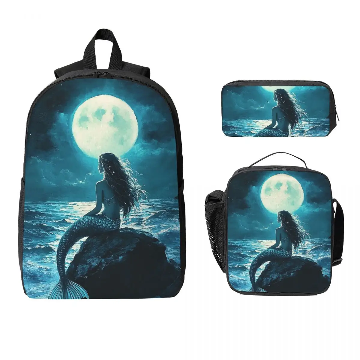 Blue Mermaid Themed Painting Backpack Boys Girls BookBag School Bag Computer Shoulder Bags 3ps Insulated Lunch Bag Pencil Case