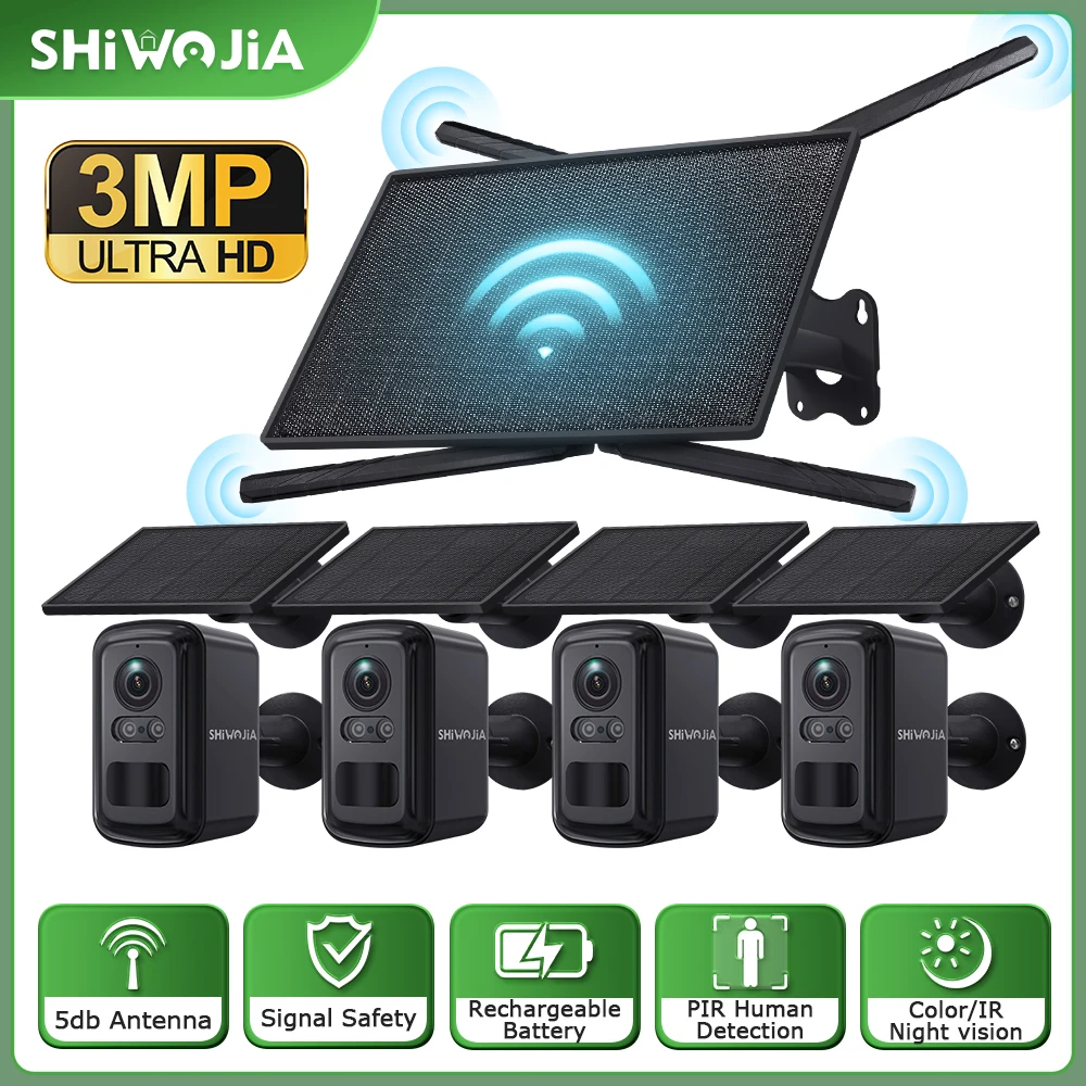

SHIWOJIA 3MP WIFI Solar Camera System with 10W 4G Solar Router Wireless 360 Surveillance PTZ Battery Cameras PIR Human Tracking