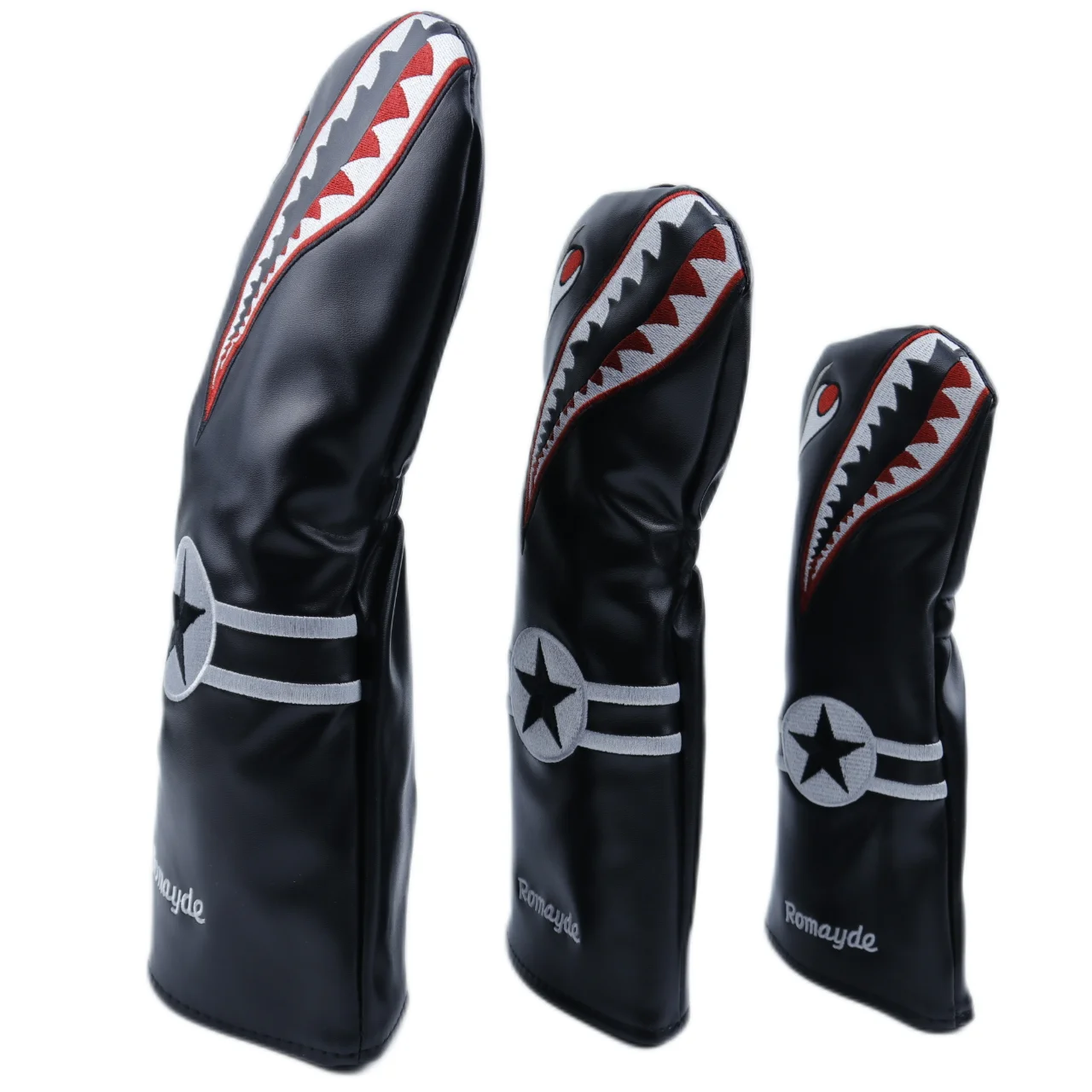 PU Leather Golf Club Head Covers, Shark Cartoon Design, Driver Fairway Wood Hybrid, Mixed Head Cover