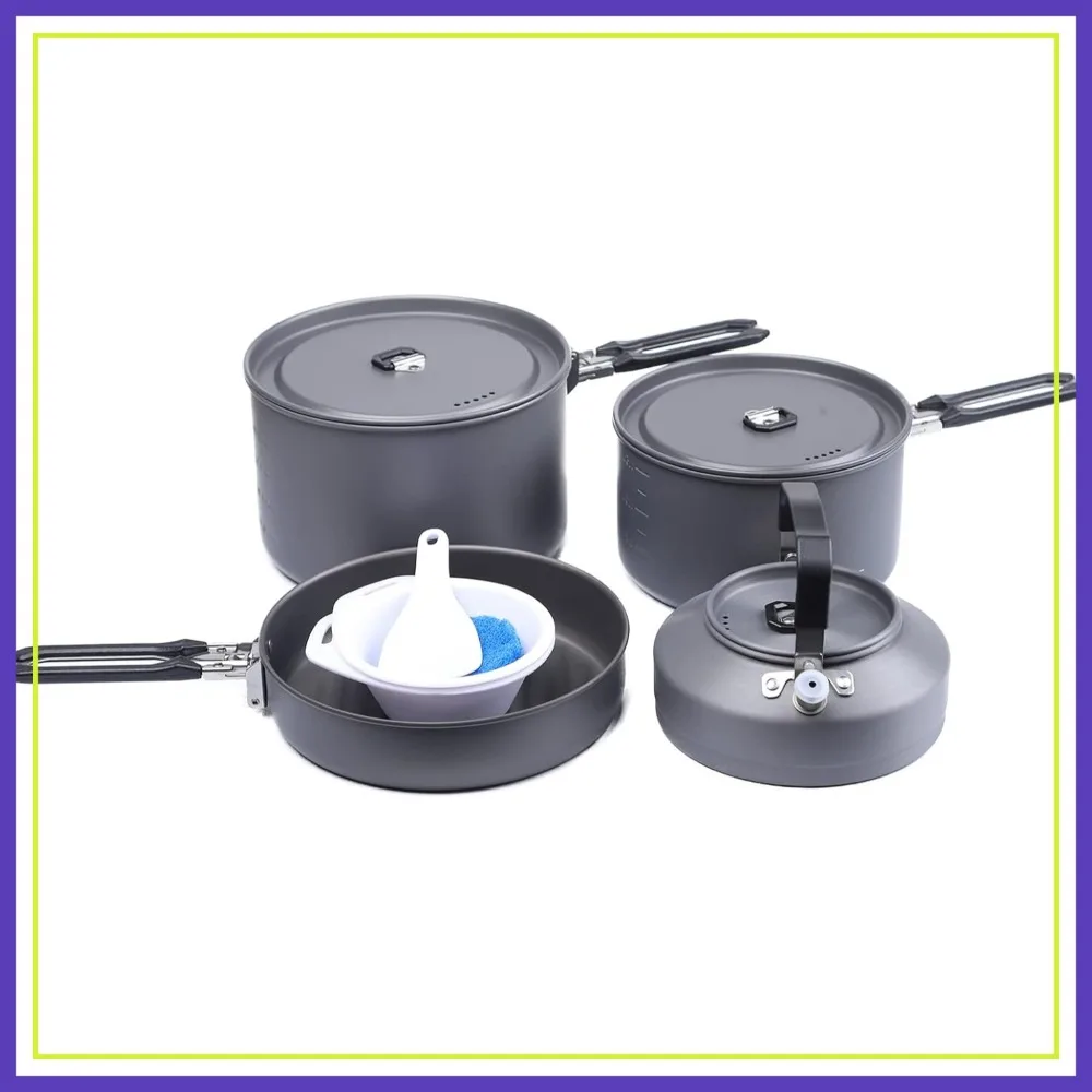 

Portable Camping Cookware Set: Stackable Pot, Pan, Kettle & Spatula for Hiking, Fishing, Backpacking