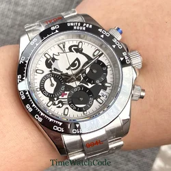 Tandorio 39mm Quartz Watch for Men VK63 Chronograph Movement Panda Watches Face Crocodile Dial Sapphire Crystal 316L Bracelet