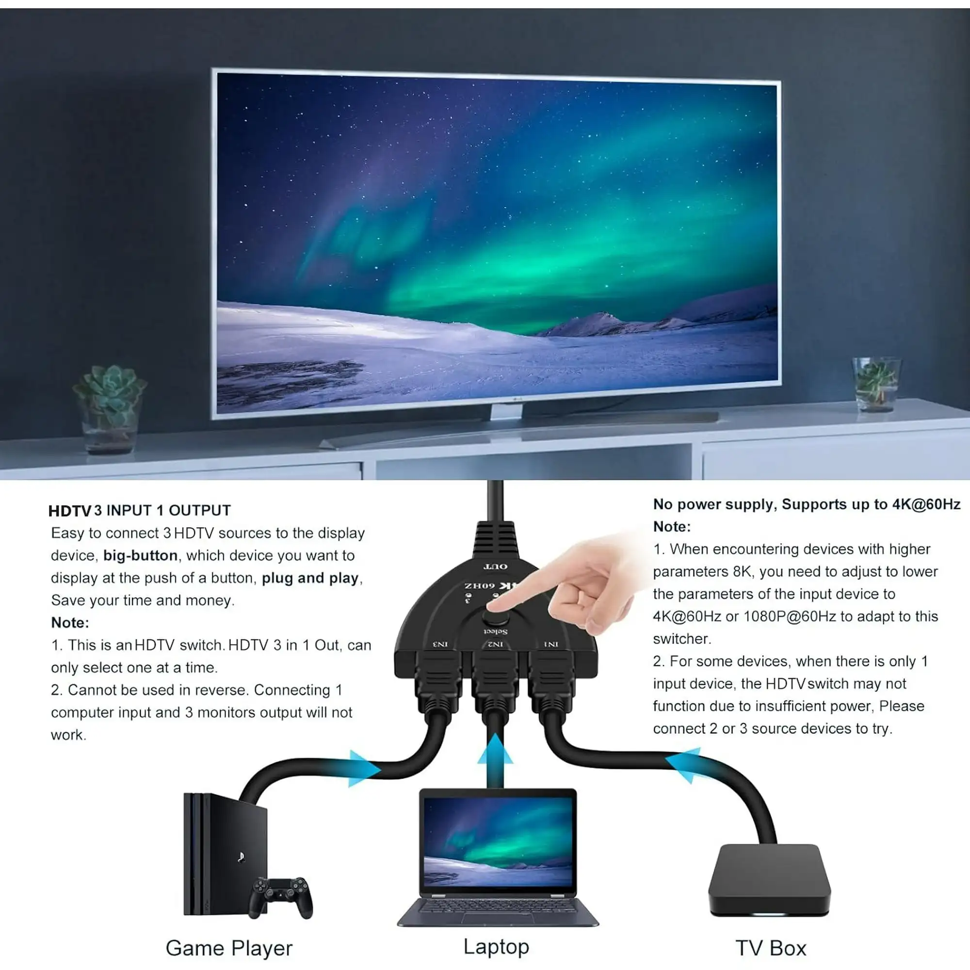 4K@60Hz HDTV Switch 3-in-1 HDTV Switcher KVM Splitter 3 Input 1 Output Port Hub for Xbox, PS5, PC
