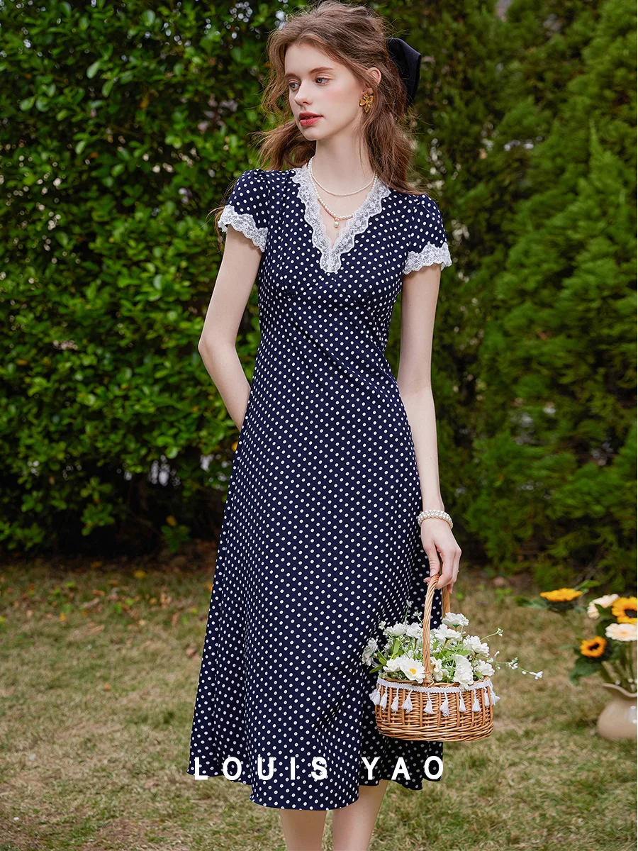

LOUIS YAO Retro Polka Dot Slim Fit Dress 2025 Summer A-line Skirt V-neck Non Elastic Puff Sleeve Lace Patchwork Women's Dress