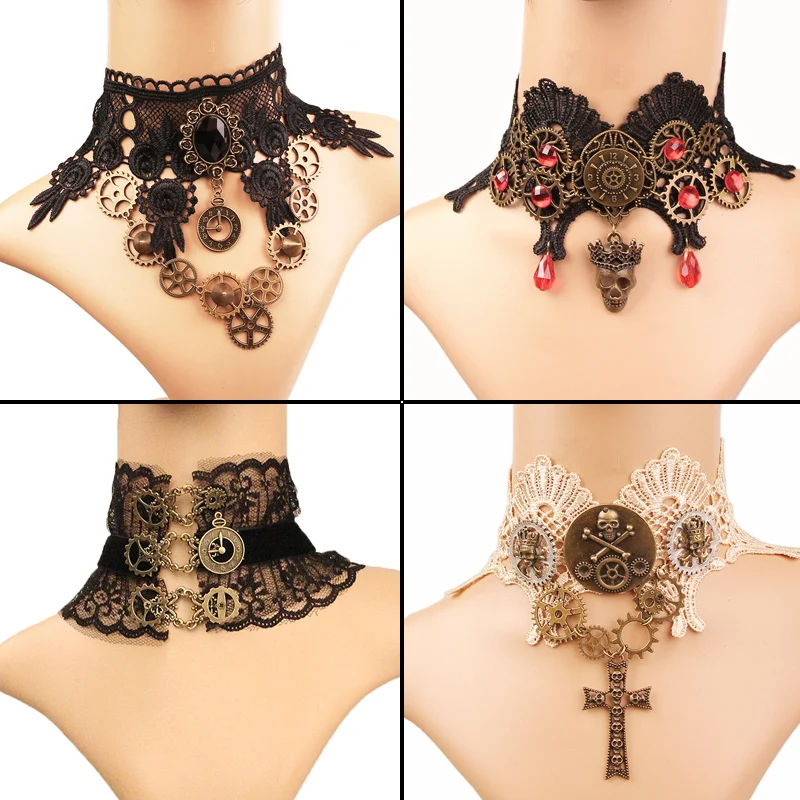 Steampunk Toothed Wheel Gear Skull Collar Choker Short Necklace Black Lace Chunky Gothic Girl Retro Bronze For Women Jewelry