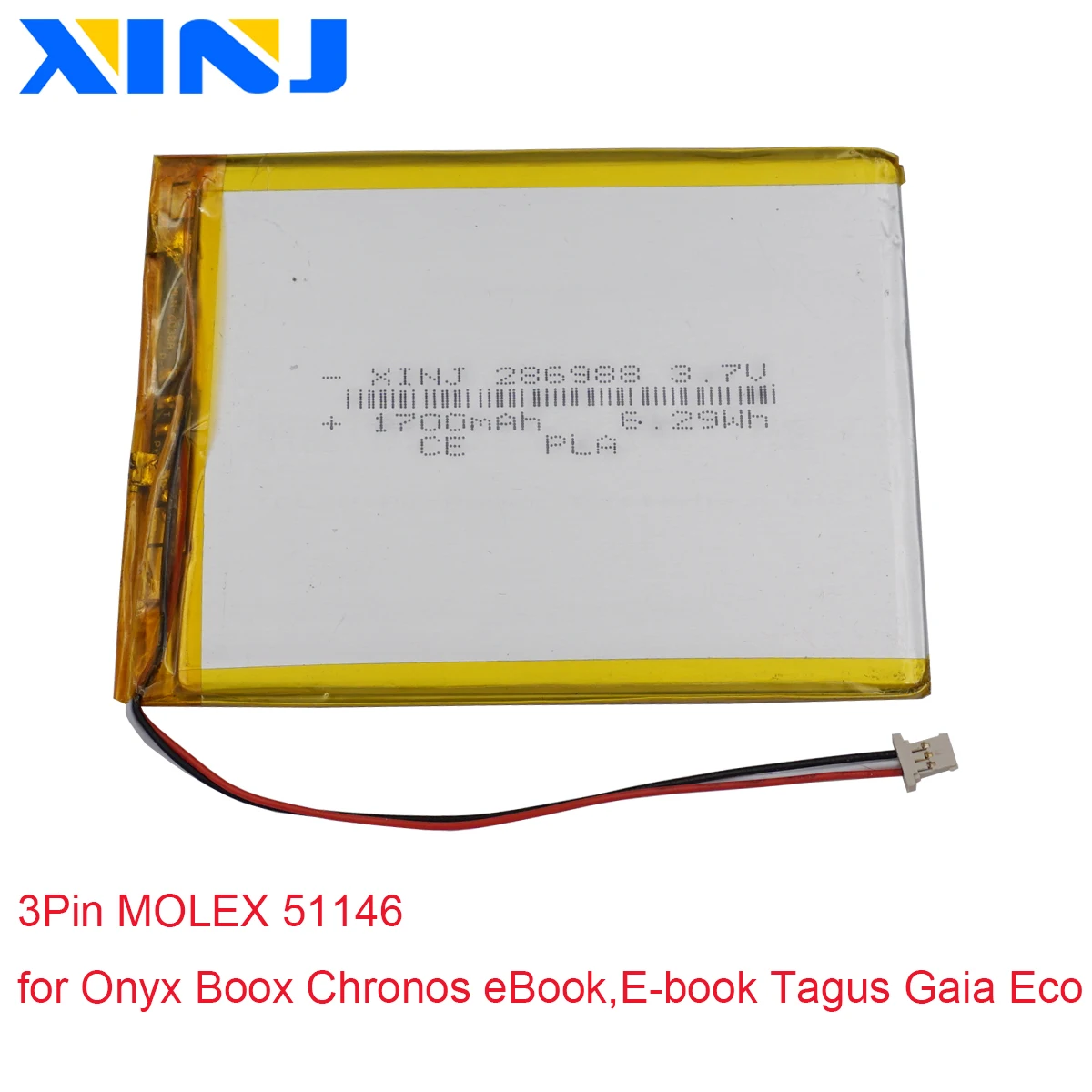 3.7V 1700mAh 6.29Wh Rechargeable Li Lipo Battery 286988 3Pin MOLEX 51146 Plug For Onyx Boox Chronos eBook,E-book Tagus Gaia Eco