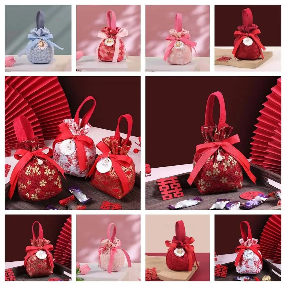 Sakura Canvas Floral Drawstring Bag Stripe Satin Bow Ribbon Bow Wrist Bag Large Capacity Pearl Pendant Festive Sugar Bag