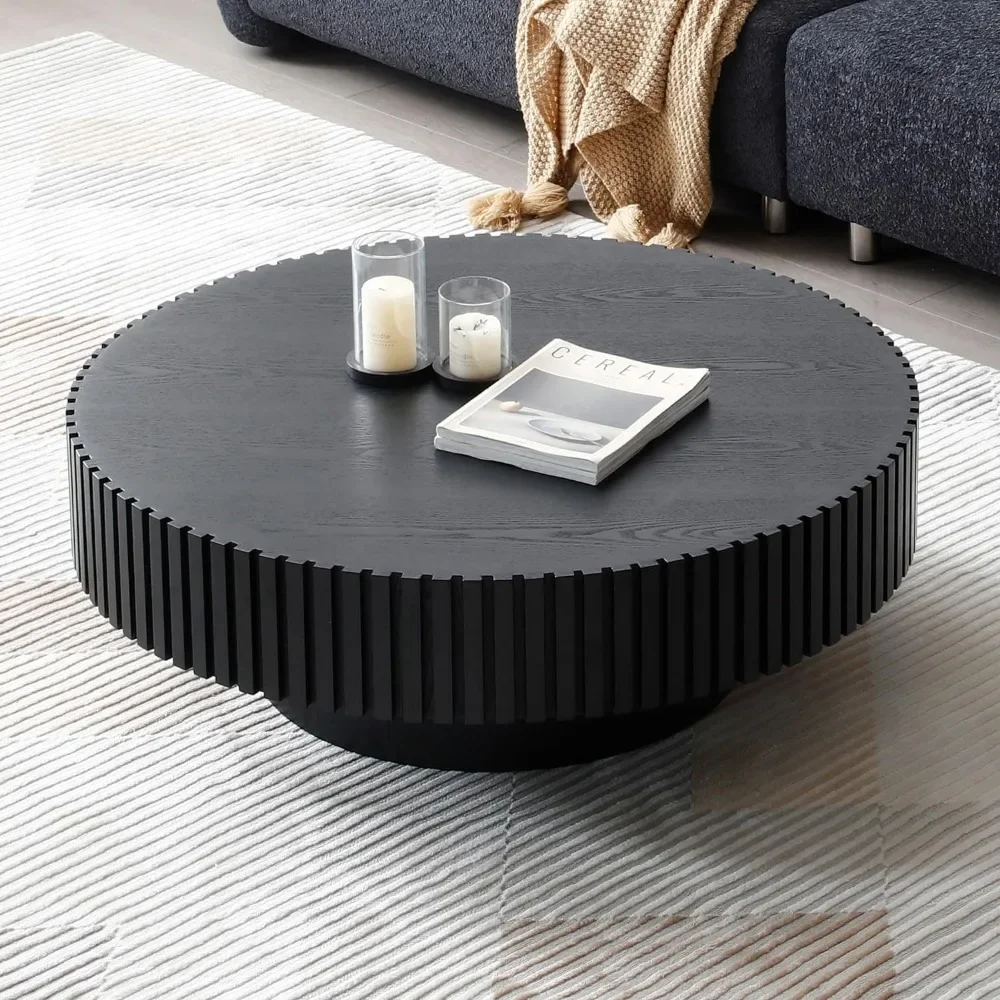 Round Coffee Table, Wood End Tables For Living Room Modern Circle Fluted Drum Side Tables Easy Assembly Center Coffee Table