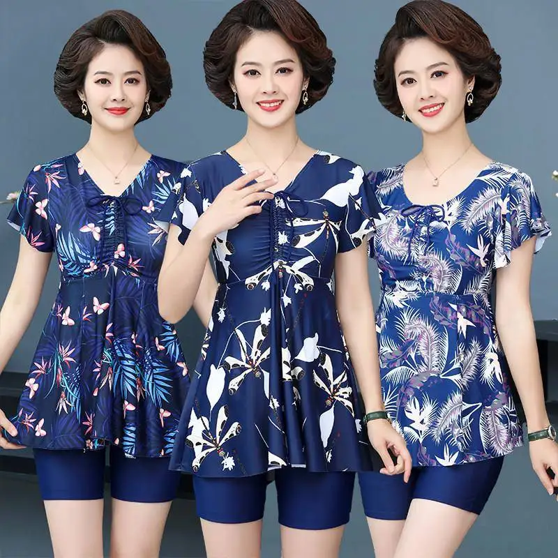 Professional Girls' Brief Swimsuit Mom Style Two-Piece Ladies' Skirt Swimsuit Slimming plus Size Medium Old Fitness Training