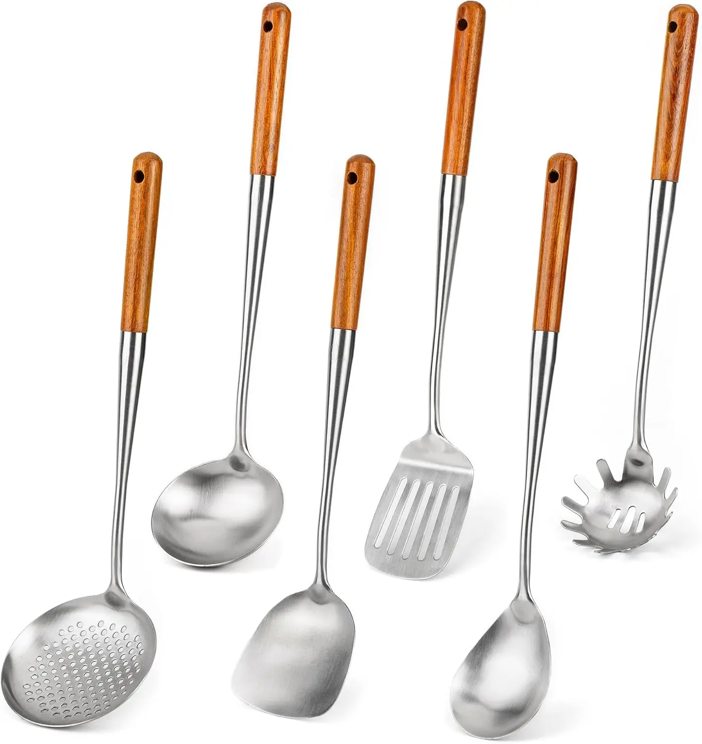 

6-Piece Stainless Steel Kitchen Utensil Set with Wooden Handle, Spatula, Ladle, Skimmer for Cooking